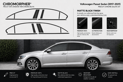 Chromorphor Volkswagen Passat Sedan 2017-2021 precut chrome delete kit vinyl window trim graphics shown on a white background with product features, finish details, and a silver car illustration below.