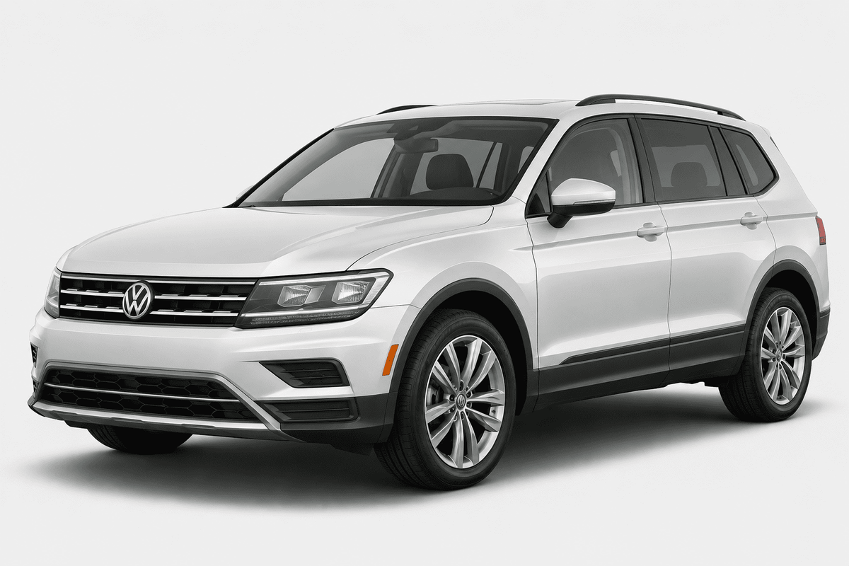 A white Volkswagen SUV photographed in a clean studio setting with a light gray background. The front grille and VW logo are clearly visible, and the vehicle is shown at a three-quarter angle.