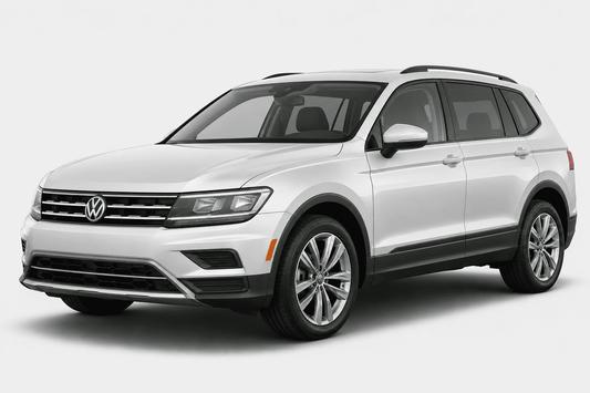 A white Volkswagen SUV photographed in a clean studio setting with a light gray background. The front grille and VW logo are clearly visible, and the vehicle is shown at a three-quarter angle.