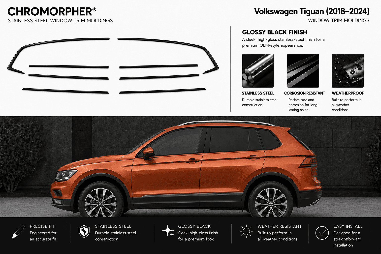 Chromorpher stainless steel window trim molding kit for a Volkswagen Tiguan (2018-2024), featuring a gloss black finish. The top half displays the black trim pieces and product features, while the bottom half shows an orange Volkswagen Tiguan with the trim installed.