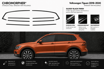 Chromorpher stainless steel window trim molding kit for a Volkswagen Tiguan (2018-2024), featuring a gloss black finish. The top half displays the black trim pieces and product features, while the bottom half shows an orange Volkswagen Tiguan with the trim installed.