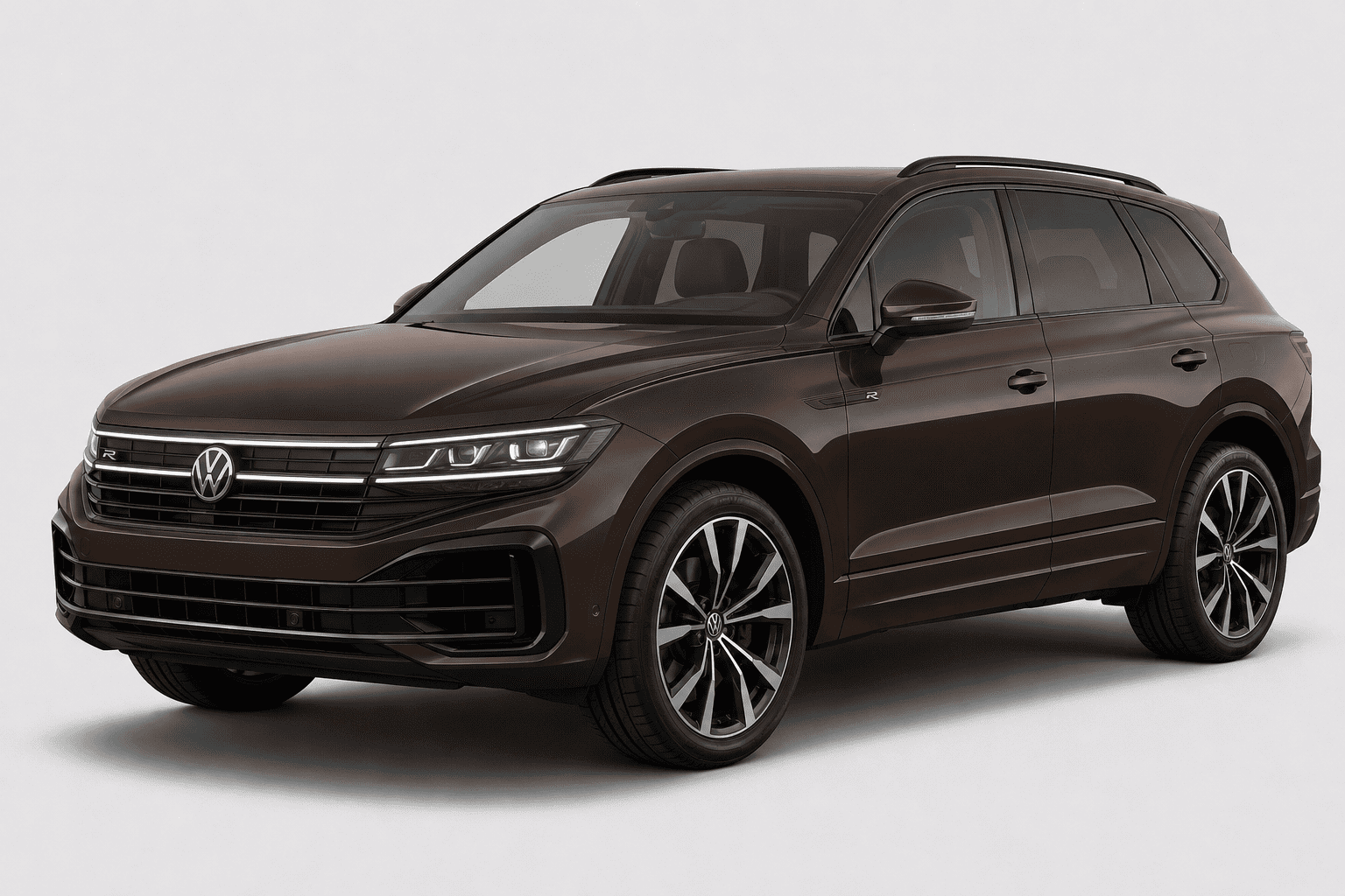 A dark brown Volkswagen SUV shown from a three-quarter front angle against a light gray studio background.