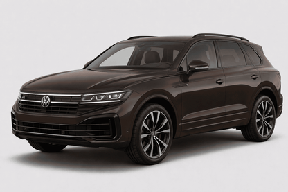 A dark brown Volkswagen SUV shown from a three-quarter front angle against a light gray studio background.