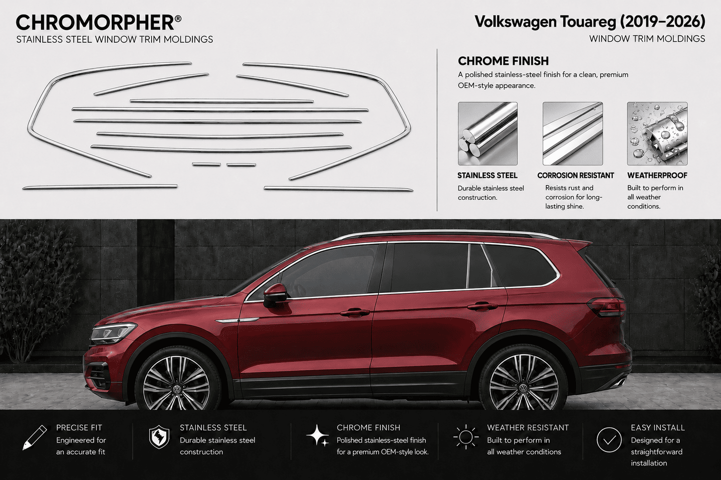 Chromorpher stainless steel window trim molding kit for Volkswagen Touareg (2019-2026), featuring a red SUV on a dark gray background with product diagrams, specifications, and feature icons.