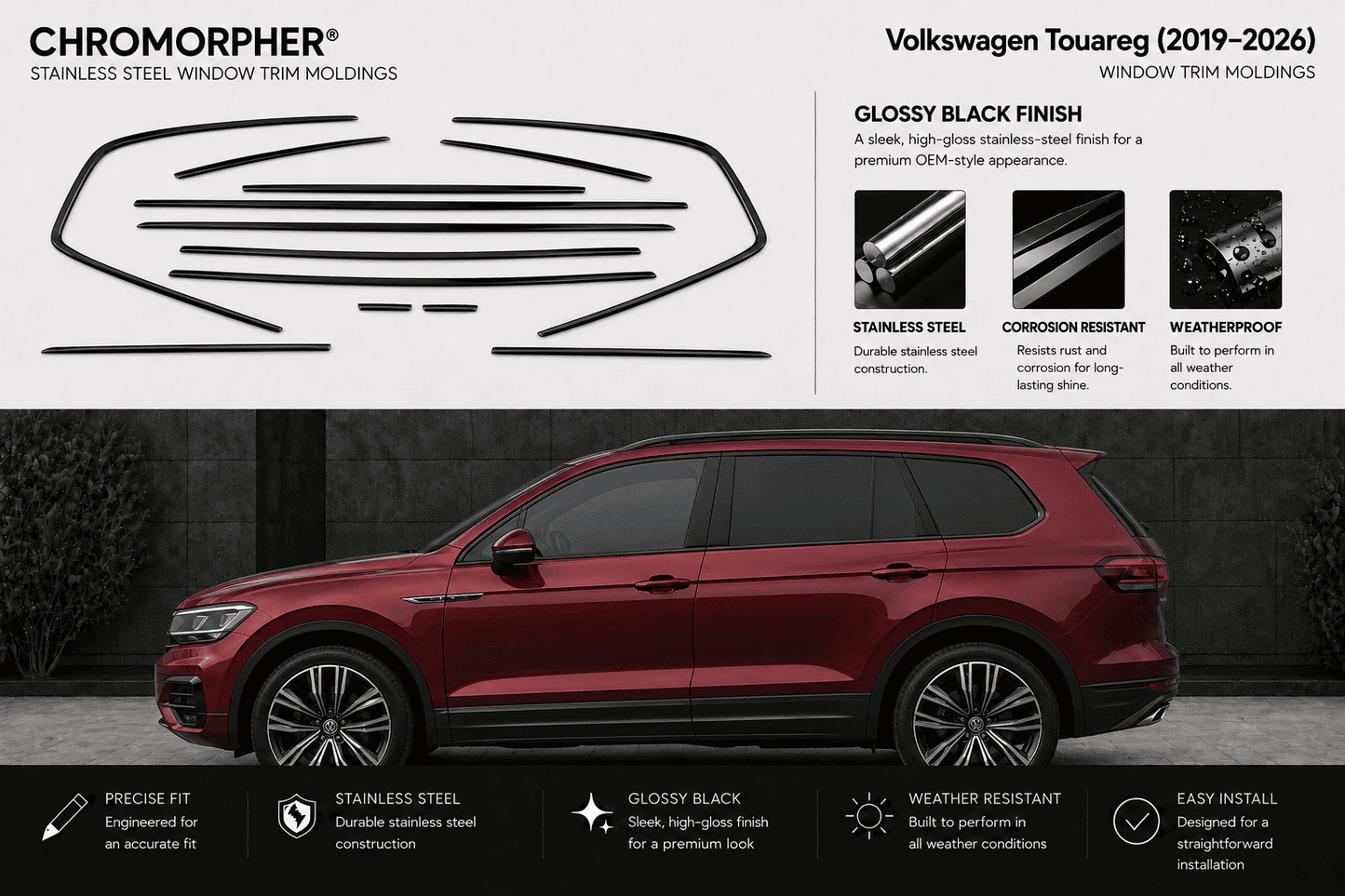 Chromorpher stainless steel window trim molding kit for Volkswagen Touareg (2019-2026) in glossy black finish, shown with a red SUV on a dark gray background and feature callouts.