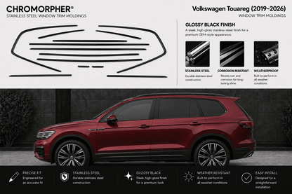 Chromorpher stainless steel window trim molding kit for Volkswagen Touareg (2019-2026) in glossy black finish, shown with a red SUV on a dark gray background and feature callouts.