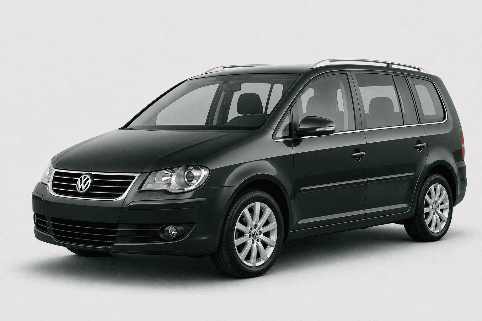 A dark green Volkswagen Touran minivan shown from a three-quarter front angle against a light gray studio background.