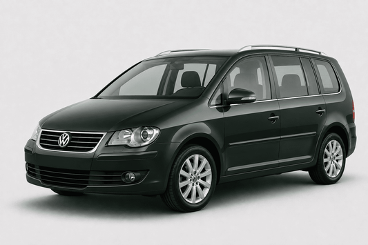 A dark green Volkswagen Touran minivan shown from a three-quarter front angle against a light gray studio background.