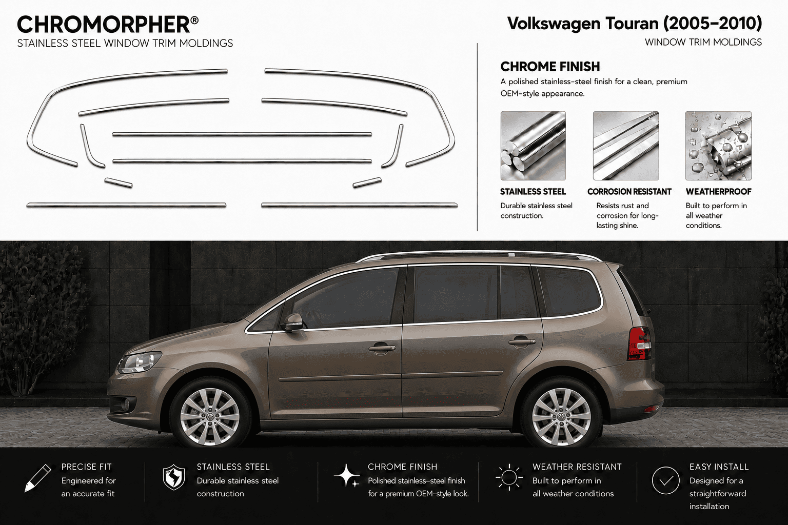 Chromorpher stainless steel window trim molding kit for a Volkswagen Touran (2005-2010), featuring a multi-piece chrome trim set shown on a white background above a side profile of a metallic taupe-gray VW Touran in a dark setting.