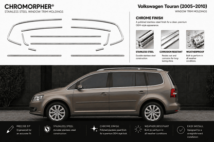 Chromorpher stainless steel window trim molding kit for a Volkswagen Touran (2005-2010), featuring a multi-piece chrome trim set shown on a white background above a side profile of a metallic taupe-gray VW Touran in a dark setting.