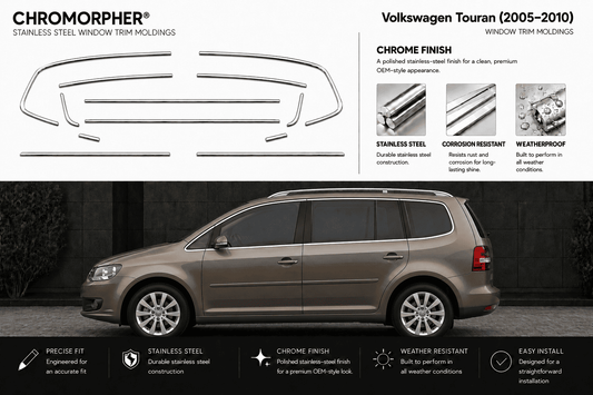 Chromorpher stainless steel window trim molding kit for a Volkswagen Touran (2005-2010), featuring a multi-piece chrome trim set shown on a white background above a side profile of a metallic taupe-gray VW Touran in a dark setting.