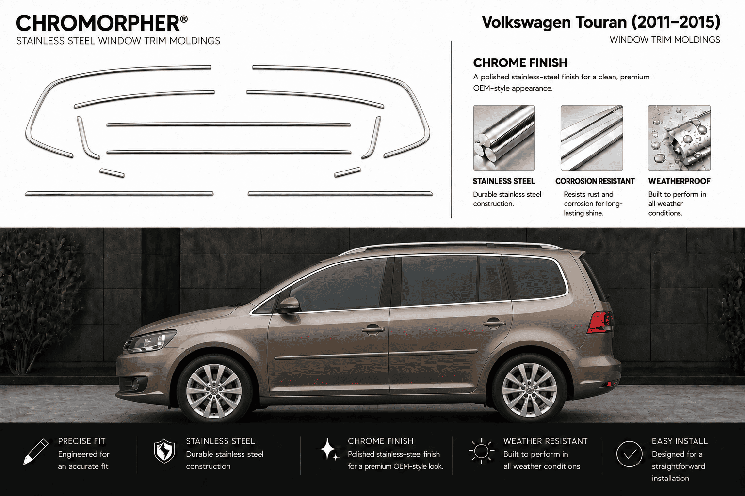 Chromorpher stainless steel window trim molding kit shown with a side view of a Volkswagen Touran minivan on a dark gray background, featuring product cutout diagrams, finish options, and feature icons.