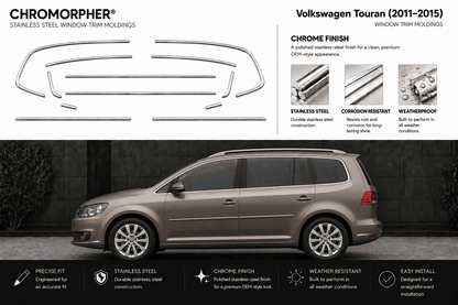 Chromorpher stainless steel window trim molding kit shown with a side view of a Volkswagen Touran minivan on a dark gray background, featuring product cutout diagrams, finish options, and feature icons.