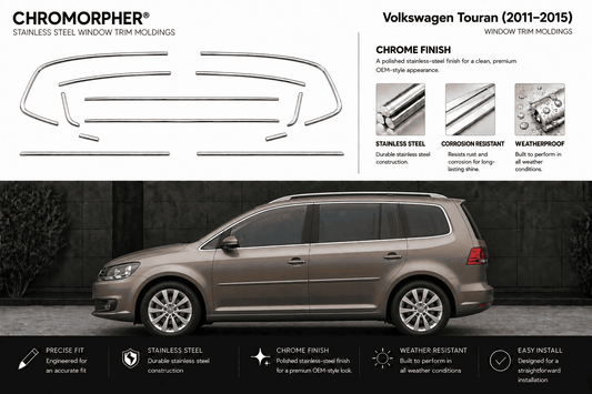 Chromorpher stainless steel window trim molding kit shown with a side view of a Volkswagen Touran minivan on a dark gray background, featuring product cutout diagrams, finish options, and feature icons.