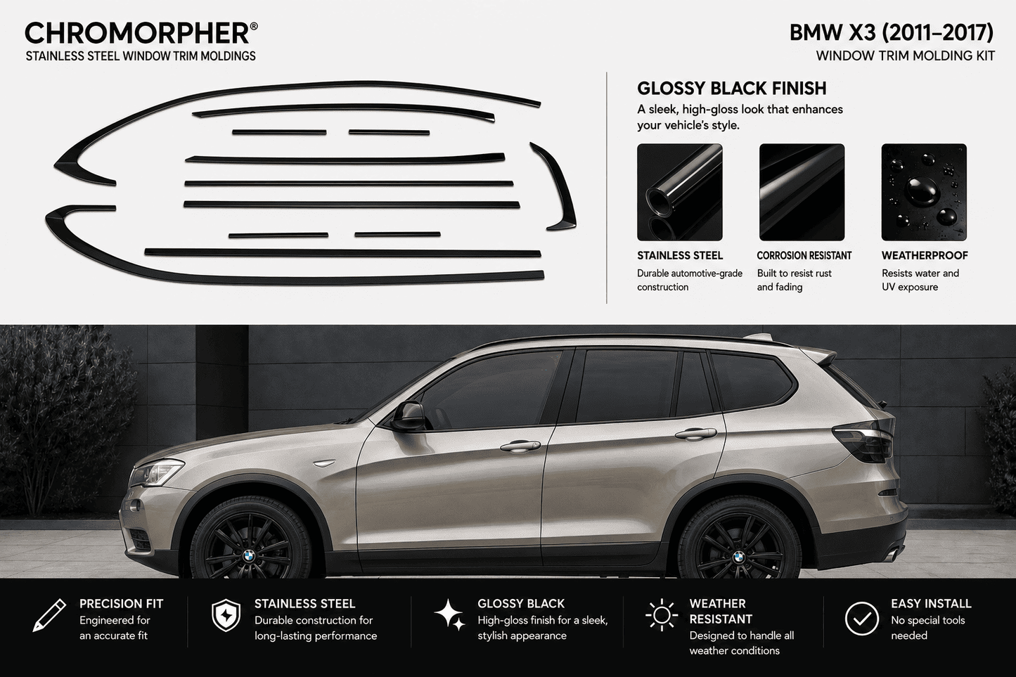 Chromorpher BMW X3 window trim molding kit in glossy black finish, featuring a side profile of a beige BMW X3 SUV on a dark background with product specifications and feature icons.