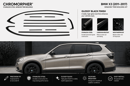 Chromorpher BMW X3 window trim molding kit in glossy black finish, featuring a side profile of a beige BMW X3 SUV on a dark background with product specifications and feature icons.