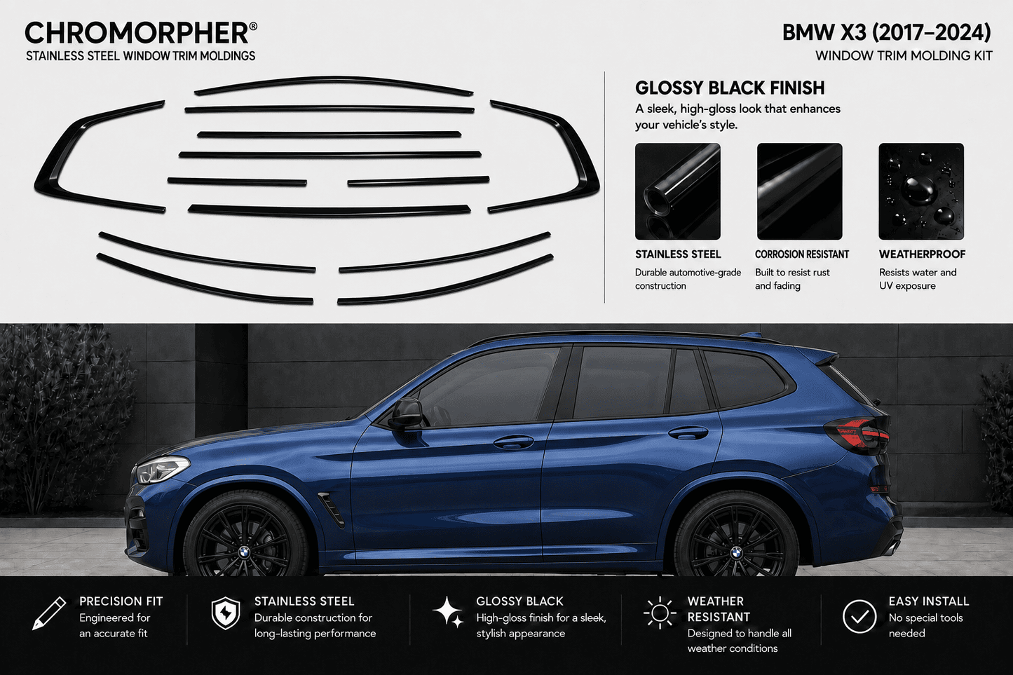 Chromorpher BMW X3 window trim molding kit in glossy black finish, shown with a large cutout of the black trim pieces and a blue BMW X3 SUV on a dark gray background. The image includes feature callouts for stainless steel construction, corrosion resistance, and weatherproofing.