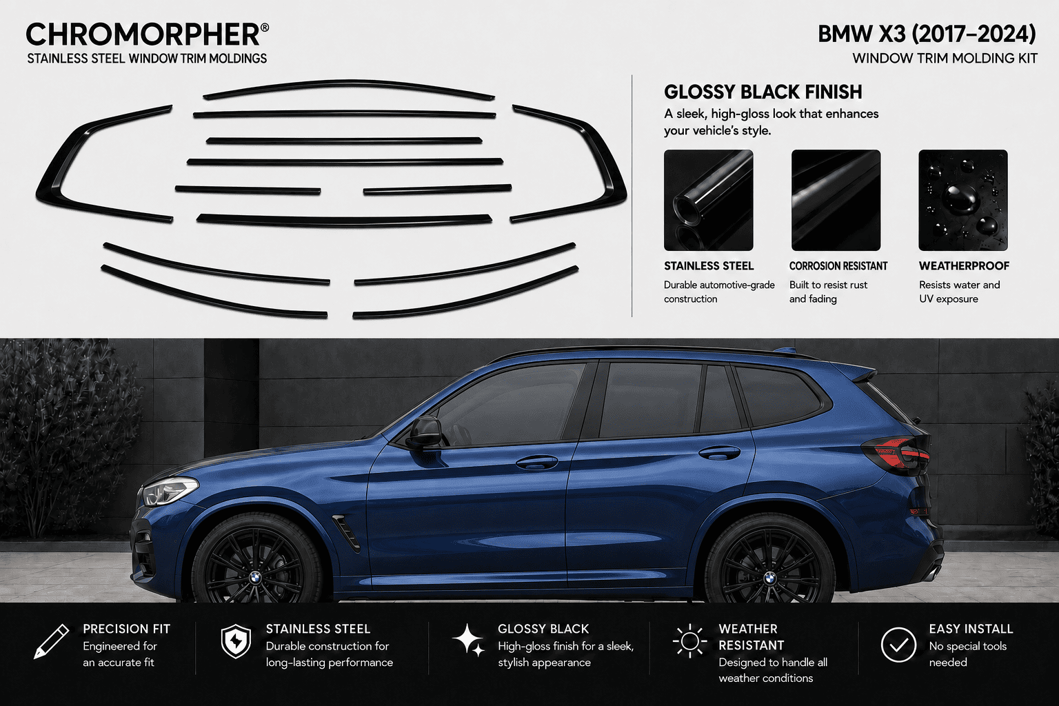 Chromorpher BMW X3 window trim molding kit in glossy black finish, shown with a large cutout of the black trim pieces and a blue BMW X3 SUV on a dark gray background. The image includes feature callouts for stainless steel construction, corrosion resistance, and weatherproofing.