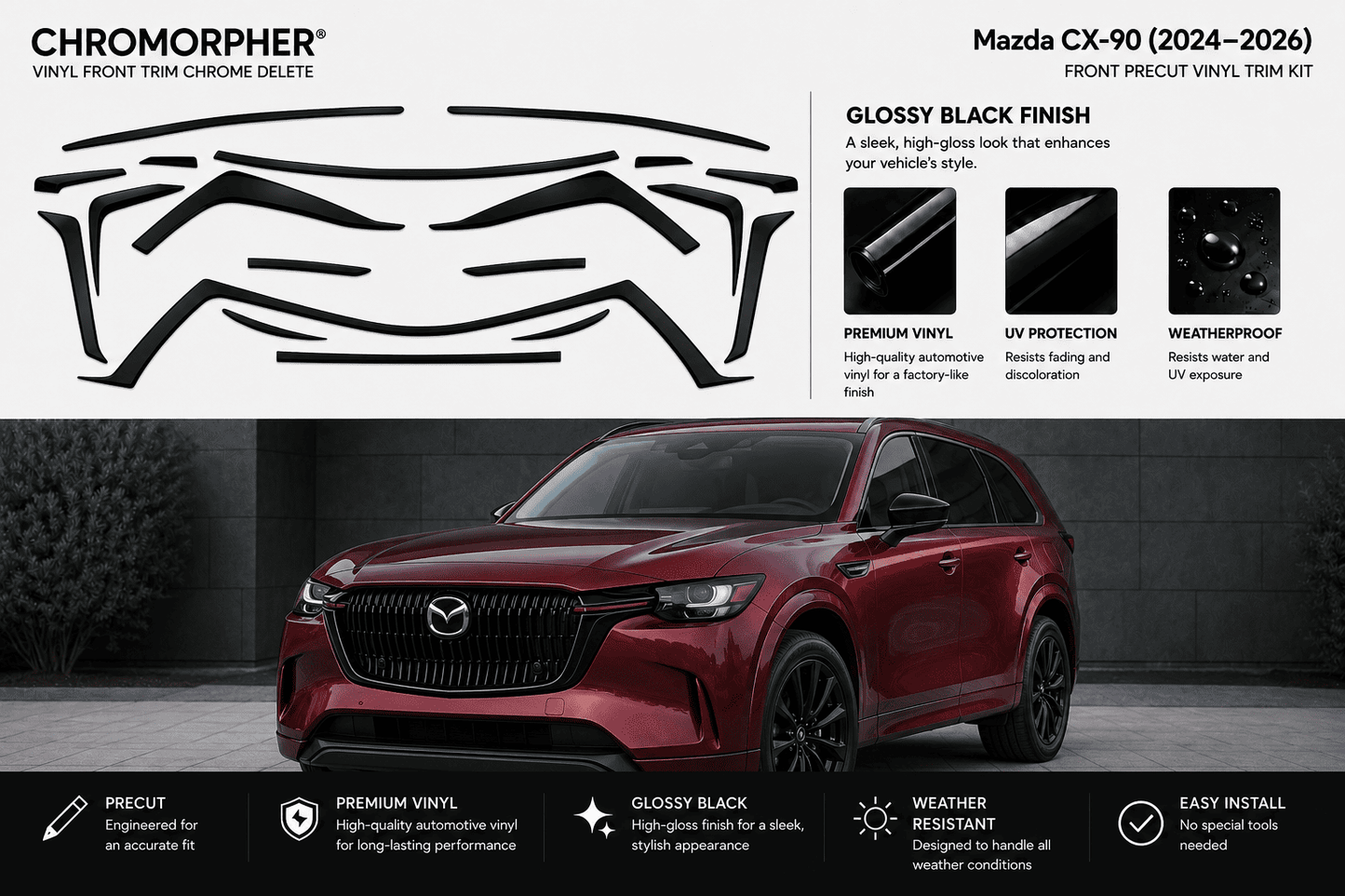 Mazda CX-90 (2024-2026) front trim chrome delete vinyl decal kit by Chromorpher. The image features a red Mazda CX-90 vehicle on a dark gray background below a white graphic diagram showing the decal outline and gloss black finish details.