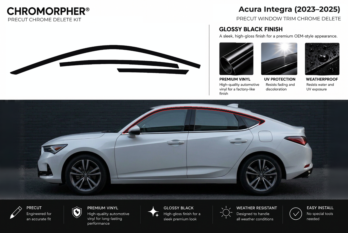 ChroMorpher Acura Integra window trim precut chrome delete kit (2023–2025) showing the precut vinyl pieces and the trim area outlined in red.