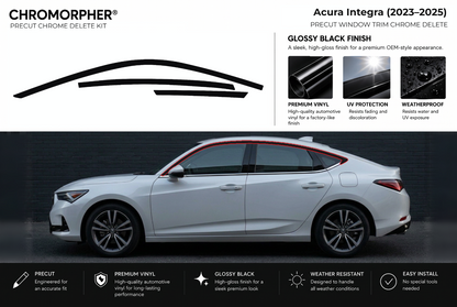 ChroMorpher Acura Integra window trim precut chrome delete kit (2023–2025) showing the precut vinyl pieces and the trim area outlined in red.