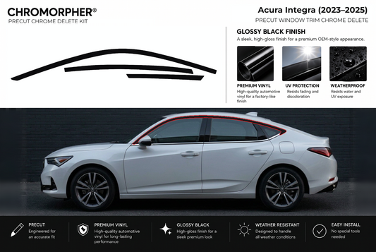 ChroMorpher Acura Integra window trim precut chrome delete kit (2023–2025) showing the precut vinyl pieces and the trim area outlined in red.