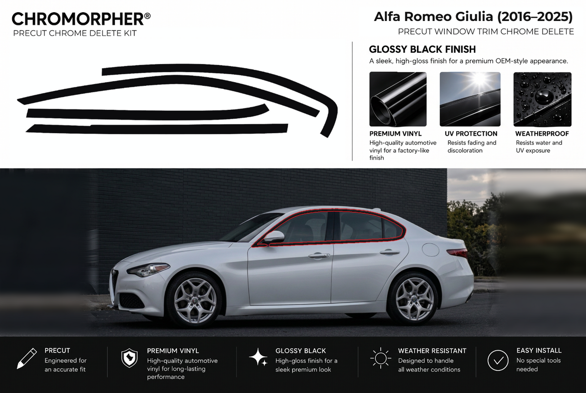 ChroMorpher Alfa Romeo Giulia window trim precut chrome delete kit (2016–2025) showing the precut vinyl pieces and the trim area outlined in red.