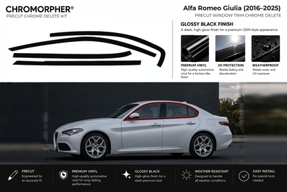 ChroMorpher Alfa Romeo Giulia window trim precut chrome delete kit (2016–2025) showing the precut vinyl pieces and the trim area outlined in red.