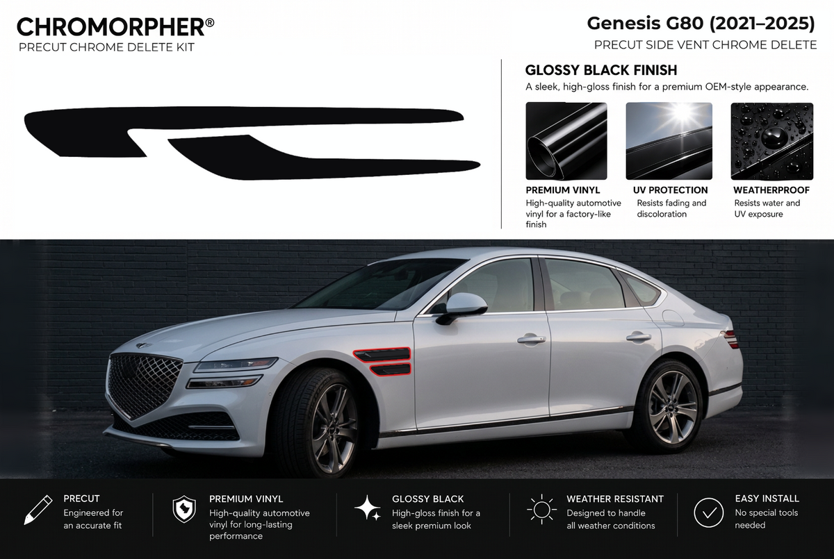 ChroMorpher Genesis G80 side vents precut chrome delete kit (2021–2025) showing the precut vinyl pieces and the trim area outlined in red.