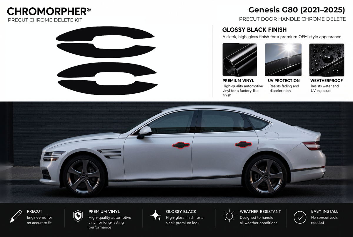 ChroMorpher Genesis G80 door handles precut chrome delete kit (2021–2025) showing the precut vinyl pieces and the trim area outlined in red.