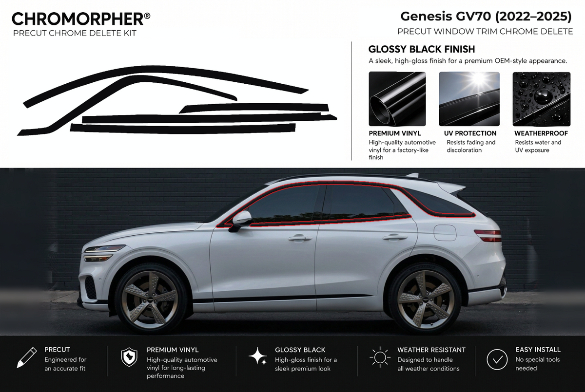 ChroMorpher Genesis GV70 window trim precut chrome delete kit (2022–2025) showing the precut vinyl pieces and the trim area outlined in red.
