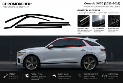 ChroMorpher Genesis GV70 window trim precut chrome delete kit (2022–2025) showing the precut vinyl pieces and the trim area outlined in red.