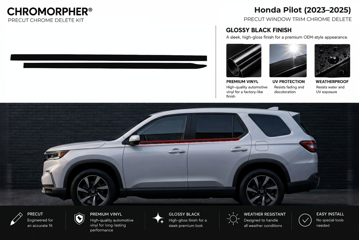 ChroMorpher Honda Pilot window trim precut chrome delete kit (2023–2025) showing the precut vinyl pieces and the trim area outlined in red.