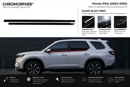 ChroMorpher Honda Pilot window trim precut chrome delete kit (2023–2025) showing the precut vinyl pieces and the trim area outlined in red.