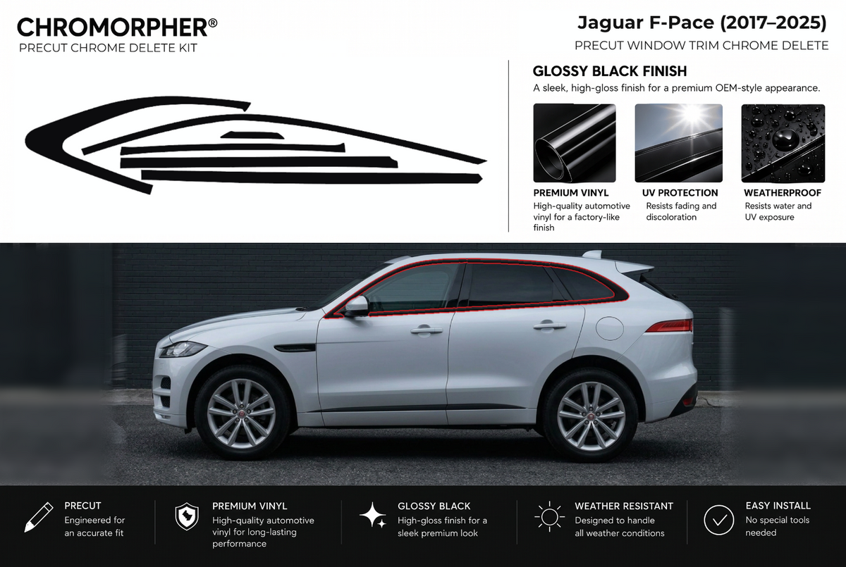 ChroMorpher Jaguar F-Pace window trim precut chrome delete kit (2017–2025) showing the precut vinyl pieces and the trim area outlined in red.