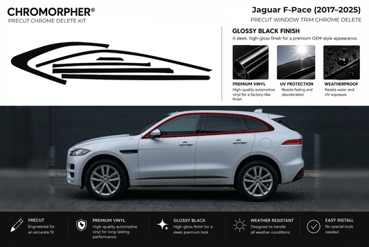 ChroMorpher Jaguar F-Pace window trim precut chrome delete kit (2017–2025) showing the precut vinyl pieces and the trim area outlined in red.