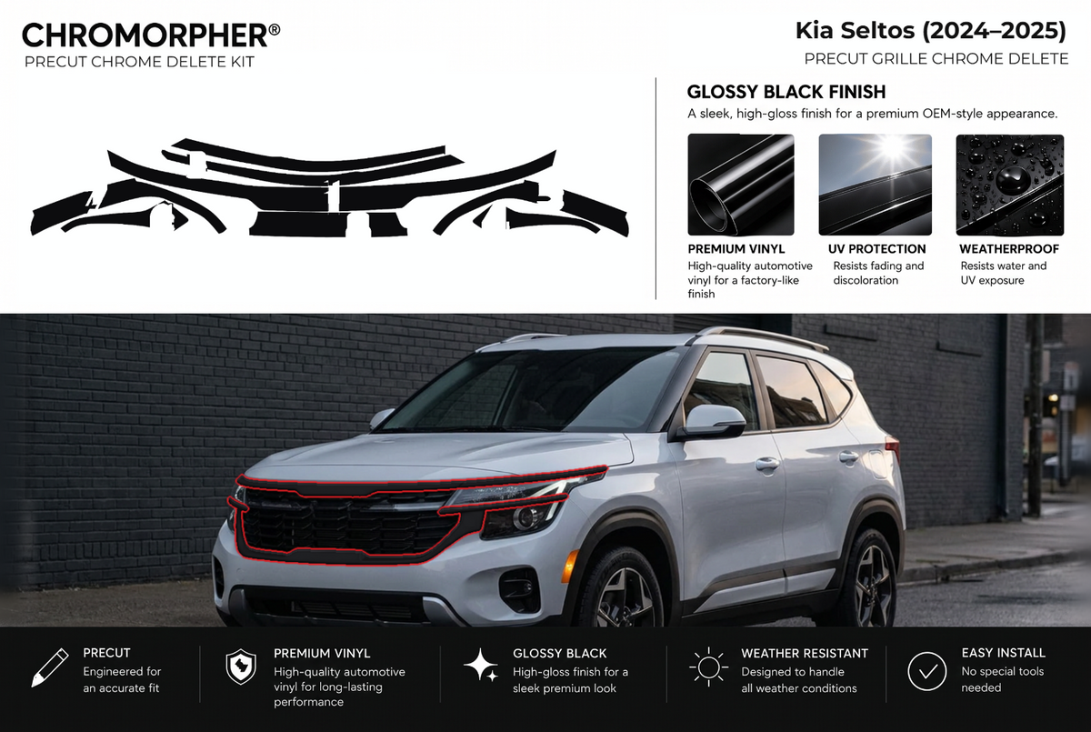 ChroMorpher Kia Seltos grille precut chrome delete kit (2024–2025) showing the precut vinyl pieces and the trim area outlined in red.