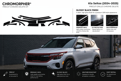 ChroMorpher Kia Seltos grille precut chrome delete kit (2024–2025) showing the precut vinyl pieces and the trim area outlined in red.