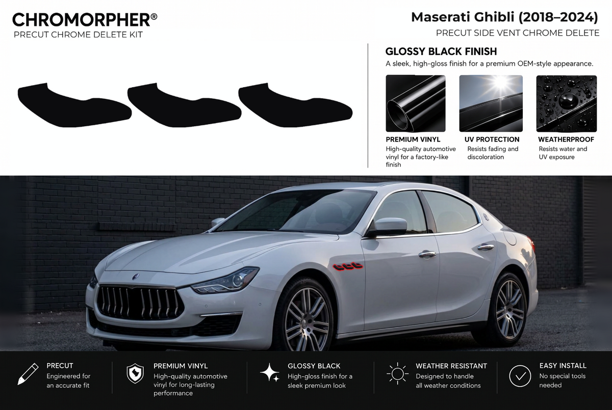 ChroMorpher Maserati Ghibli side vents precut chrome delete kit (2018–2024) showing the precut vinyl pieces and the trim area outlined in red.