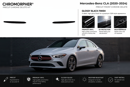 ChroMorpher Mercedes-Benz CLA front precut chrome delete kit (2020–2024) showing the precut vinyl pieces and the trim area outlined in red.