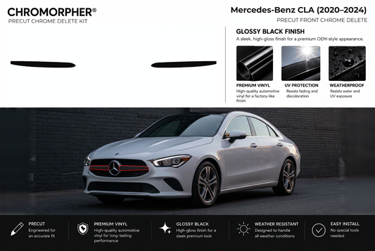 ChroMorpher Mercedes-Benz CLA front precut chrome delete kit (2020–2024) showing the precut vinyl pieces and the trim area outlined in red.