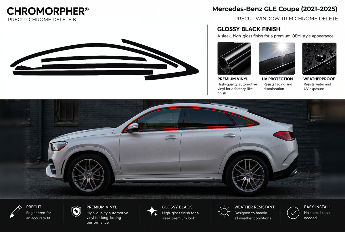 ChroMorpher Mercedes-Benz GLE Coupe window trim precut chrome delete kit (2021–2025) showing the precut vinyl pieces and the trim area outlined in red.