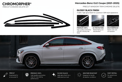 ChroMorpher Mercedes-Benz GLE Coupe window trim precut chrome delete kit (2021–2025) showing the precut vinyl pieces and the trim area outlined in red.