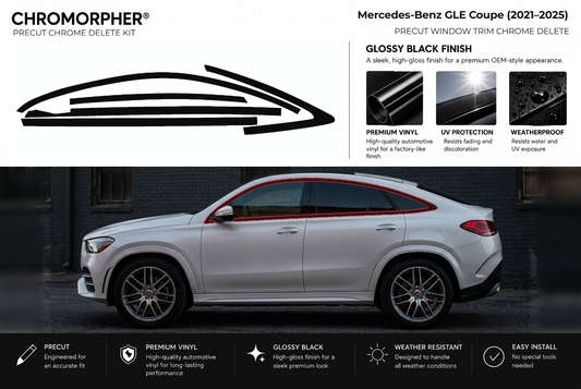 ChroMorpher Mercedes-Benz GLE Coupe window trim precut chrome delete kit (2021–2025) showing the precut vinyl pieces and the trim area outlined in red.