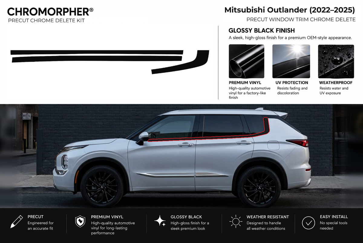 ChroMorpher Mitsubishi Outlander window trim precut chrome delete kit (2022–2025) showing the precut vinyl pieces and the trim area outlined in red.