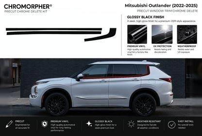 ChroMorpher Mitsubishi Outlander window trim precut chrome delete kit (2022–2025) showing the precut vinyl pieces and the trim area outlined in red.