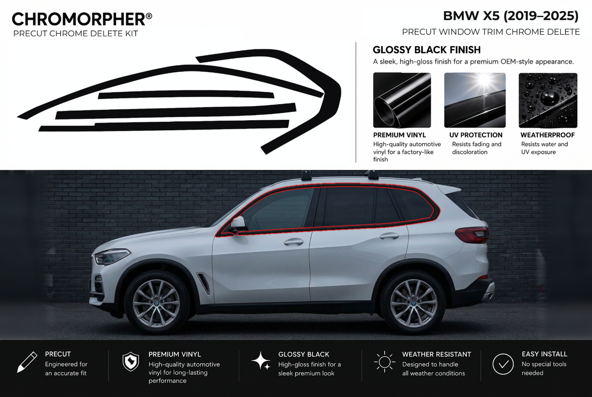 ChroMorpher BMW X5 window trim precut chrome delete kit (2019–2025) showing the precut vinyl pieces and the trim area outlined in red.
