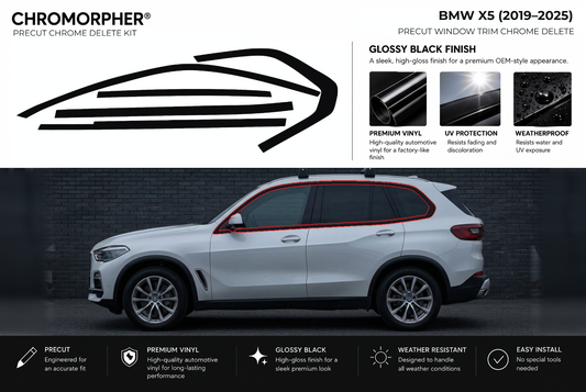 ChroMorpher BMW X5 window trim precut chrome delete kit (2019–2025) showing the precut vinyl pieces and the trim area outlined in red.