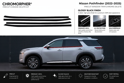 ChroMorpher Nissan Pathfinder window trim precut chrome delete kit (2022–2025) showing the precut vinyl pieces and the trim area outlined in red.