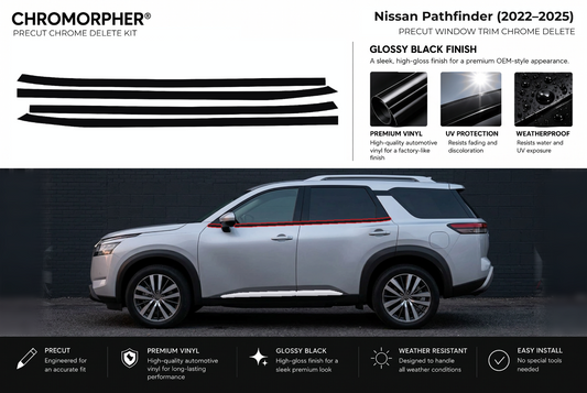 ChroMorpher Nissan Pathfinder window trim precut chrome delete kit (2022–2025) showing the precut vinyl pieces and the trim area outlined in red.